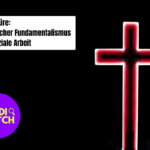 Bild mit schwarz-rot leuchtendem Kreuz und Text: Broschüre: Christlicher Fundamentalismus und Soziale Arbeit; FundiWatch