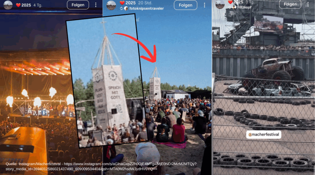 Bilder von der Instagram-Seite des Macherfestivals: Bühne mit Feuerwerk, Monstertrucks, ein aufgebauter Kirchturm