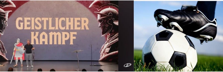Screenshot Instagram ICF Zürich (aus Video Preidigt, im Hintergrund "Geistlicher Kampf" an der Leinwand) und Canva (Schuh auf Fußball)