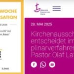 Zweiteilige Grafik: Links ein gelb gerahmtes Plakat mit der Aufschrift „Aktionswoche Evangelisation, 20.–24. April 2026“ und dem Slogan „Geh’ los und erzähl bei dir vor Ort von Jesus!“, darunter QR-Code und Logos von Lighthouse Bremen und St. Martini. Rechts ein Screenshot der Website der Bremischen Evangelischen Kirche mit der Überschrift „Kirchenausschuss entscheidet im Disziplinarverfahren von Pastor Olaf Latzel“, datiert auf den 20. Mai 2025, auf magentafarbenem Hintergrund.