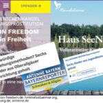 Collage aus mehreren deutschen Webseiten-Screenshots zum Thema Kinderschutz und Einrichtungen im Allgäu. Links die Seite „Mission Freedom“ mit dem Slogan „Gegen Menschenhandel und Zwangsprostitution“ und „Leben in Freiheit“. Rechts die Seite „Himmelstürmer“ mit einem Haus am See („Haus SeeNest“). Darübergelegt Schlagzeilen: „Fragwürdige Erziehungsmethoden? Sechs Kinder aus Oberallgäuer Einrichtung geholt“ sowie „Sechs Kinder aus Jugendheim im Oberallgäu geholt“ von Antenne Bayern/Bayernreporter. Unten Quellenangaben: mission-freedom.de, himmelstuermer.org, allgaeuer-zeitung.de, antenne.de.