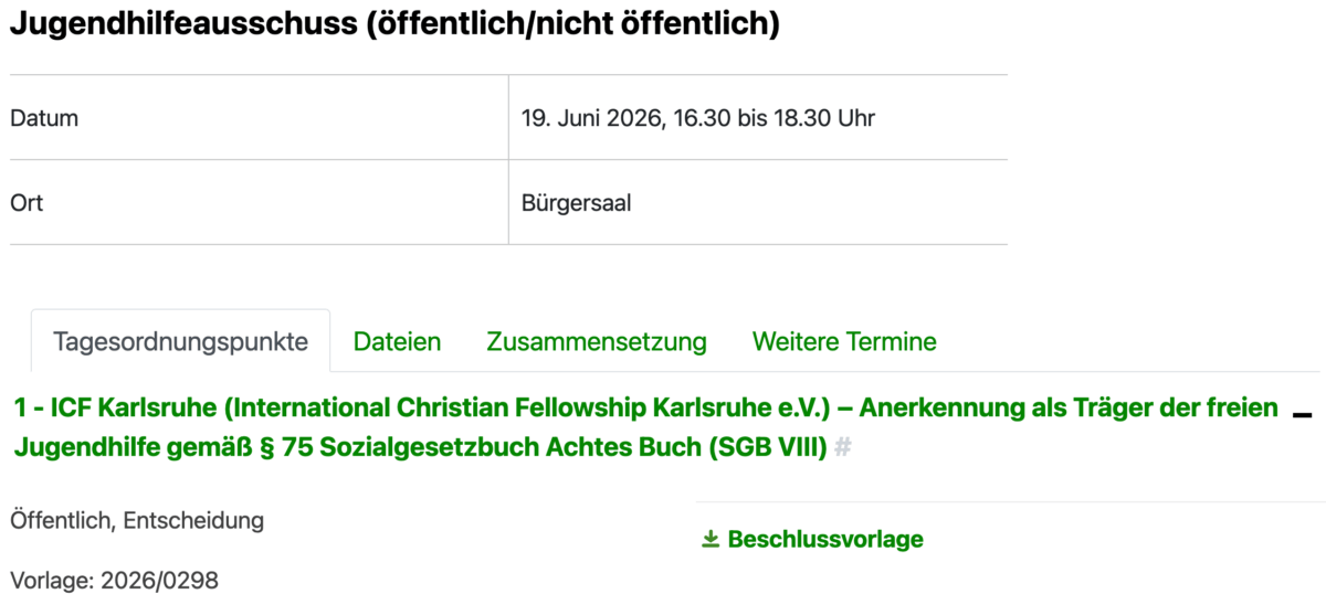 Anerkennung der christlich-fundamentalistischen evangelikalen Freikirche ICF als freier Träger der Jugendhilfe?