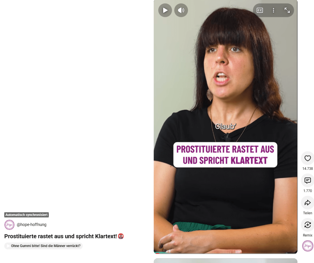 Screenshot von Anna Klein aus einem reichweitenstarken Video. Darunter die Einblendung:Prostituierte rastet aus und spricht Klartext.