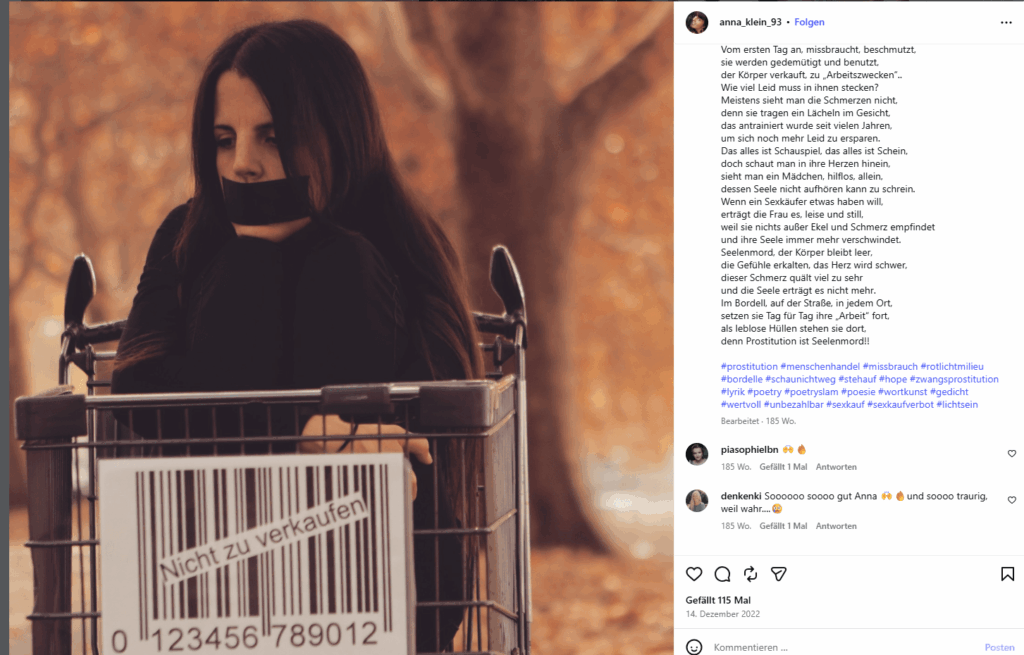 Eine Instagram-Kachel zeigt Anna Klein in einem Einkaufswagen, wahrscheindlich im Rahmen eines "Walk for Freedom"