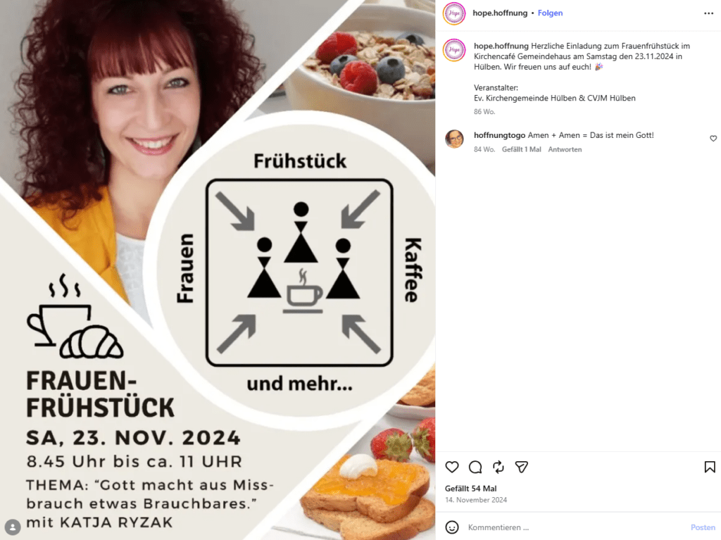 Eine Instagram-Kachel zeigt Katja Ryzak und einen gedeckten Frühstückstisch. Darunter steht: Frauen-FrühstückSa, 23. Nov. 2024 8:45 bis ca. 11 UHR THEMA: "Gott macht aus Missbrauch etwas Brauchbares." mit Katja Ryzak