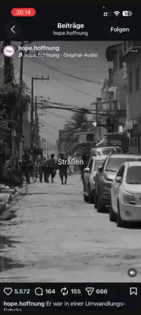 S/W-Still aus einem depublizierten Video von Hope e.V., das eine Straße in Brasilien zeigen soll. 